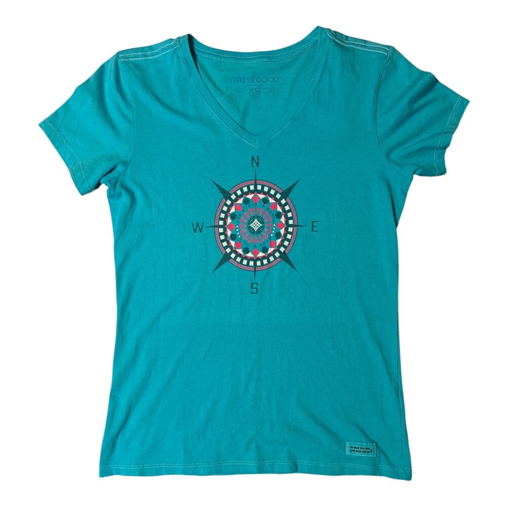 Life is Good Women’s Size XS Teal VNeck Compass Shirt NWT